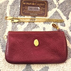 EUC Vintage Must de Cartier Bordeaux Leather Coin Purse Wristlet w/ Chain & Card